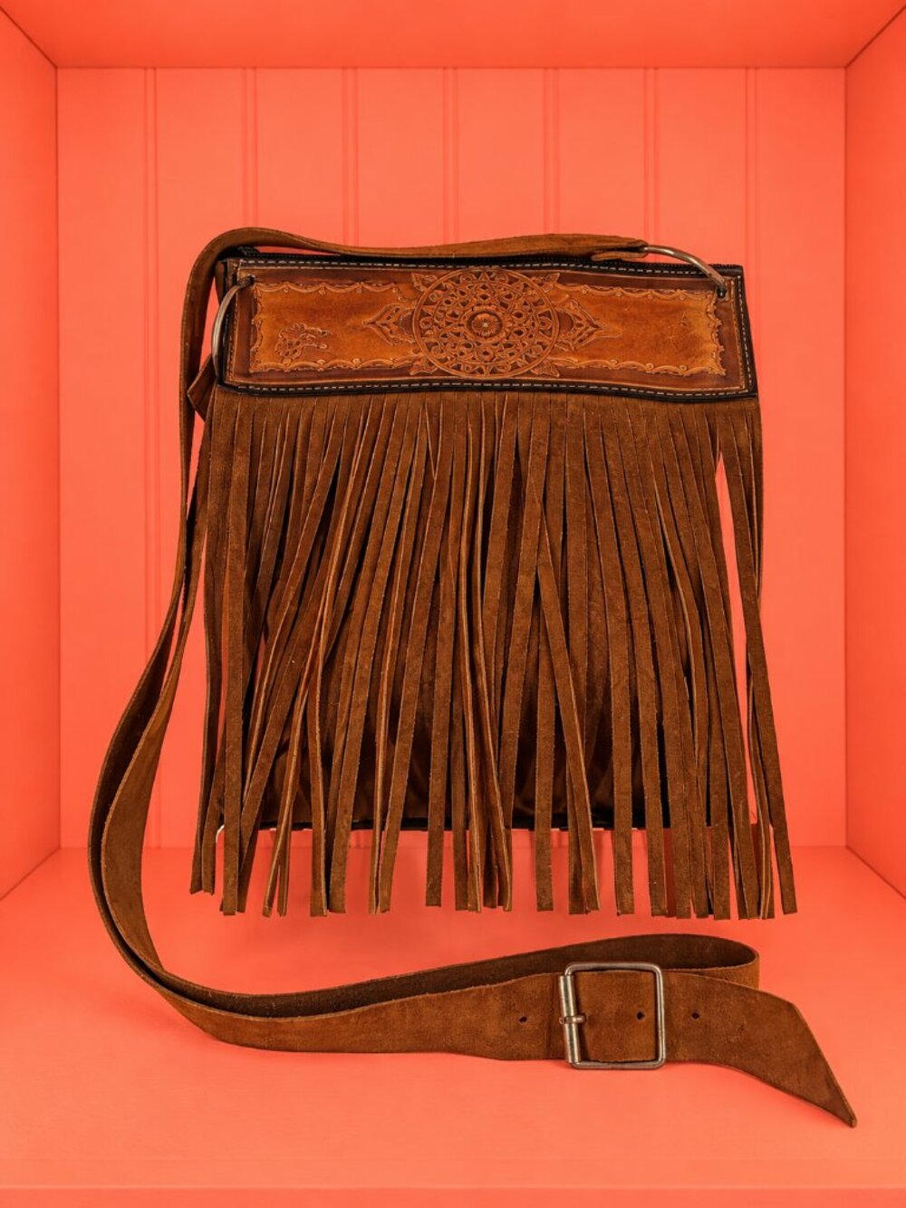 Brown Argentinian Leather & Suede Fringe Crossbody Bag